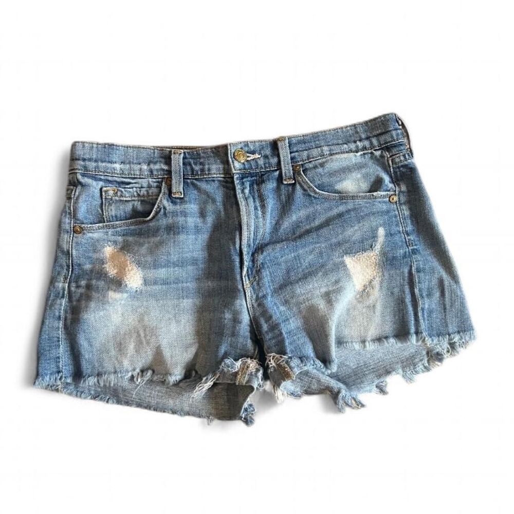 “Vince” light blue subtlety distressed cotton denim shorts with frayed hem. 4.